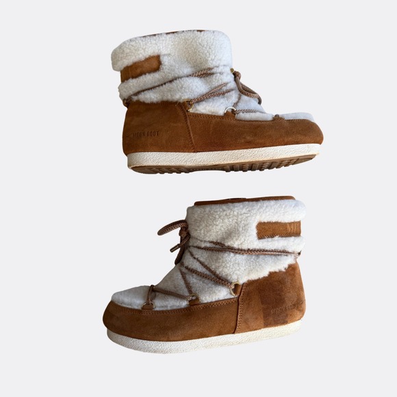 Moon Boot Low Shearling Boots – Women's US 7 – Whiskey & Off White - Picture 1 of 7